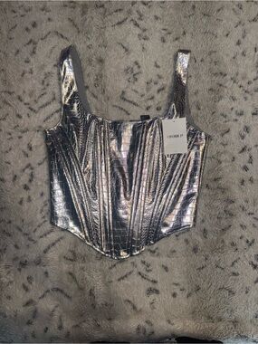 NWT Silver Metallic corset style top with crocodile design